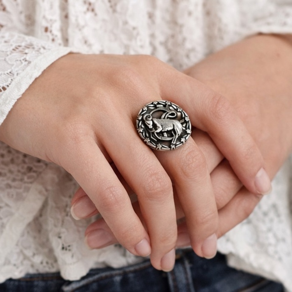 Vintage Aries Zodiac Ram Statement Ring Adjustable
